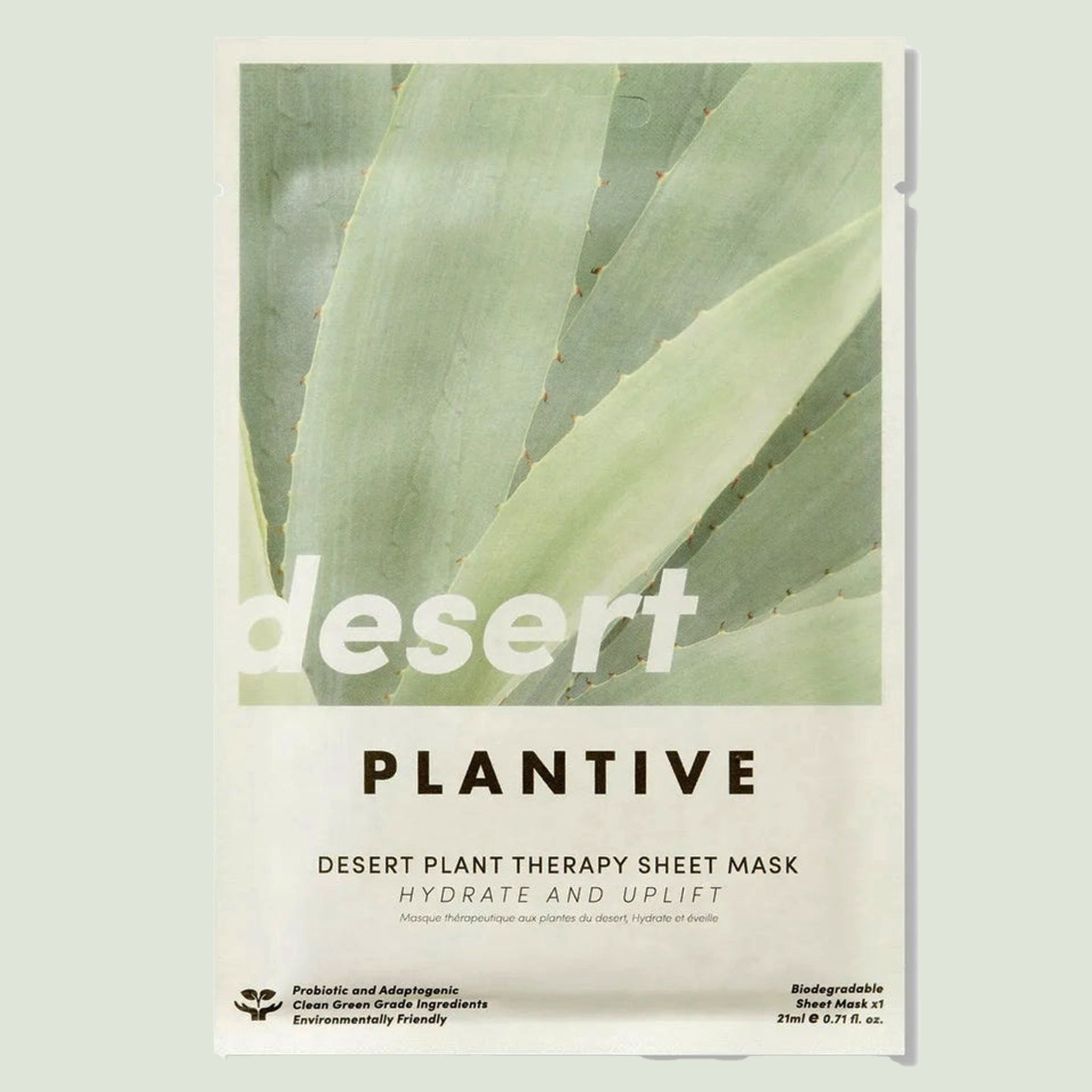 A green and ivory sheet mask packaging that reads, "desert plantive" on the front. 