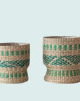seagrass baskets with green stitching detail