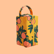 A yellow and orange cosmetic bag with a zipper closure and handle.