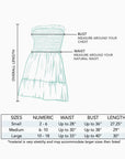 The size guide showing the measurements of each area of the dress.