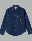 A dark denim jacket with an orange Brixton patch logo.