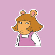 A sticker in the shape of the character DW from the show Arthur.