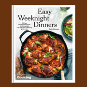 A neutral book cover with a one pan meal in the center and black text that reads, 'Easy Weeknight Dinners'.