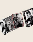 A deck of playing cards with different black and white photos of Elvis Presley.