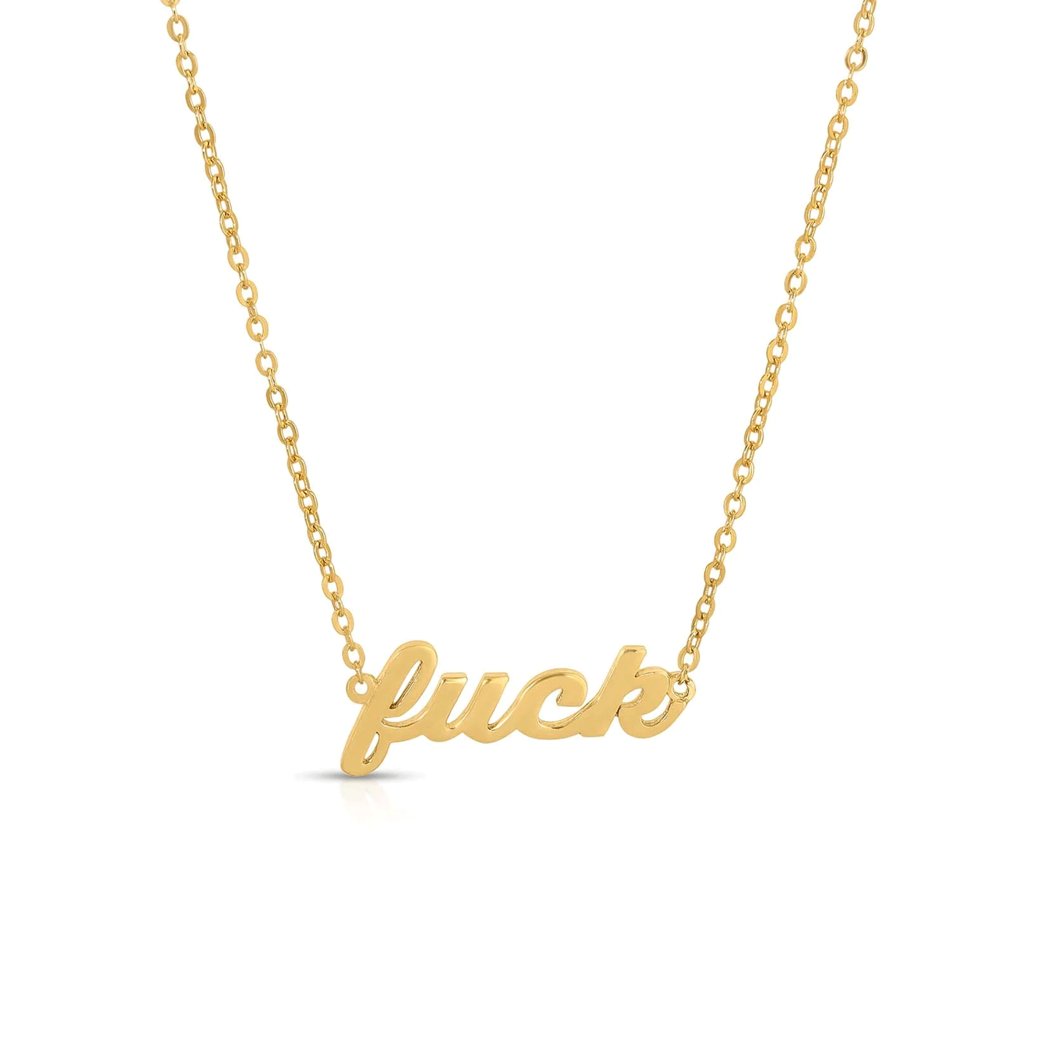 A gold chain necklace with the word, &quot;fuck&quot; attached as a pendant.
