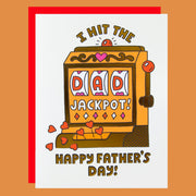 Father's Day card with slot machine design and text 'I hit the dad jackpot! Happy Father's Day!' on a white background.