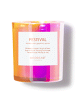 On a white background is a glass multicolored candle with a white label that reads, "Festival" and the scent notes.