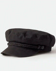 On a white background is a black fiddler cap with a cord detail.