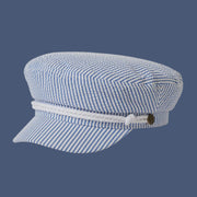 A blue and white striped fiddler fisherman cap from brixton with a white cord rope detail.