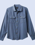 A blue flannel material button up shirt for men with long sleeves and two front pockets.