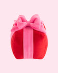 A red and pink present shaped pillow.