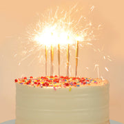 Gold mini sparkling candles lit on top of a birthday cake.