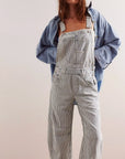 A blue and white striped pair of overalls.