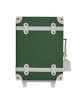 A dark green children's suitcase with white details.