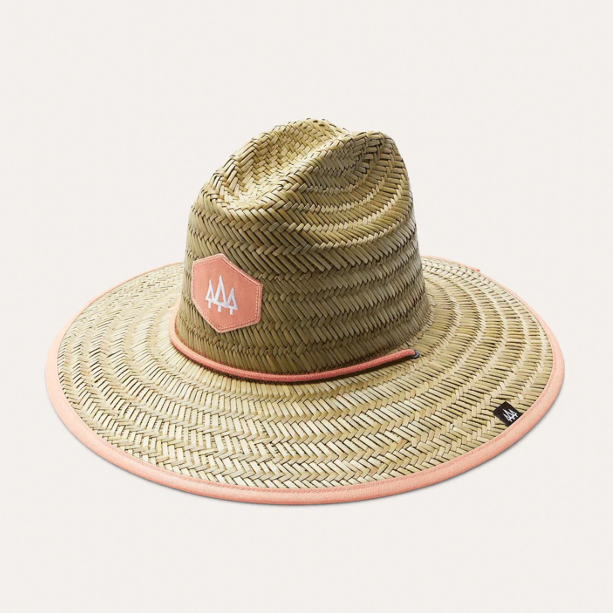 A straw hat with coral details and string neck strap with an adjustable bead.