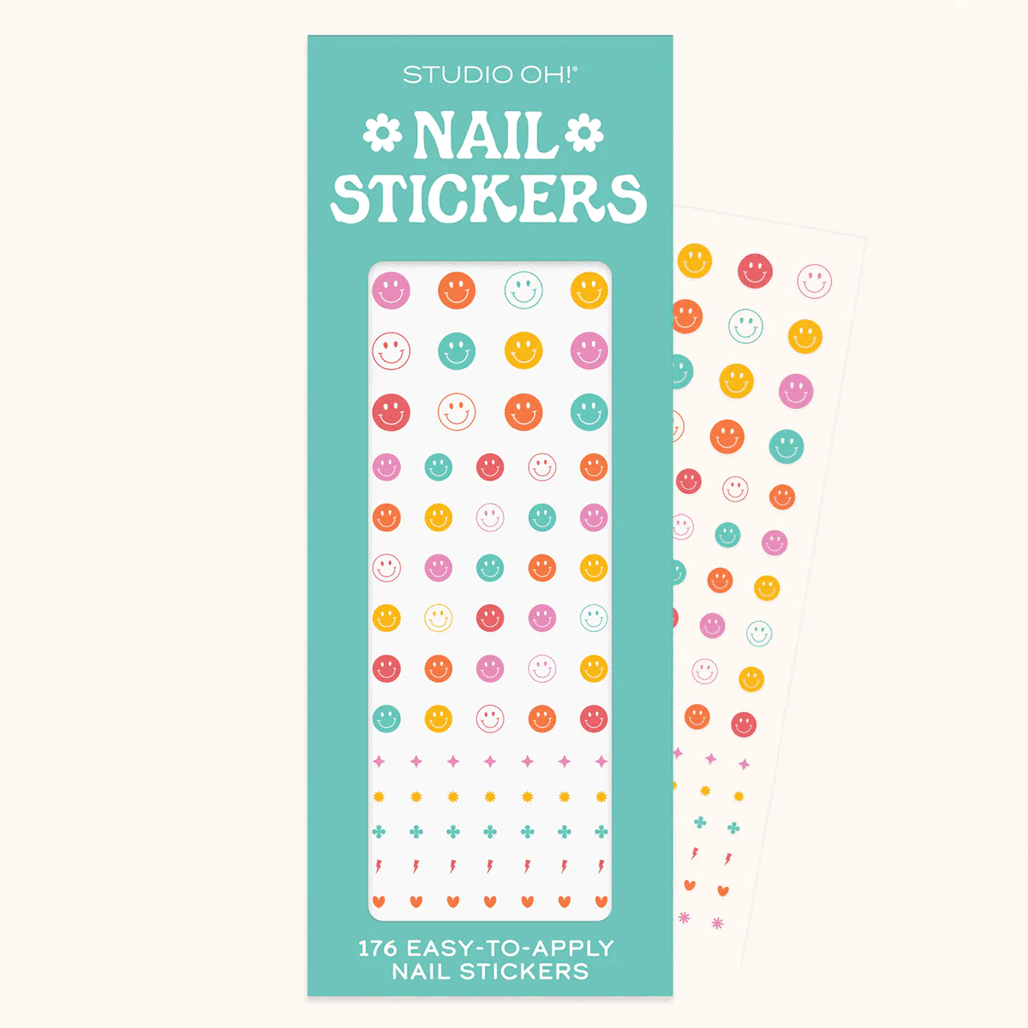 On a white background is a pack of nail stickers in multi-colored smiley faces.  