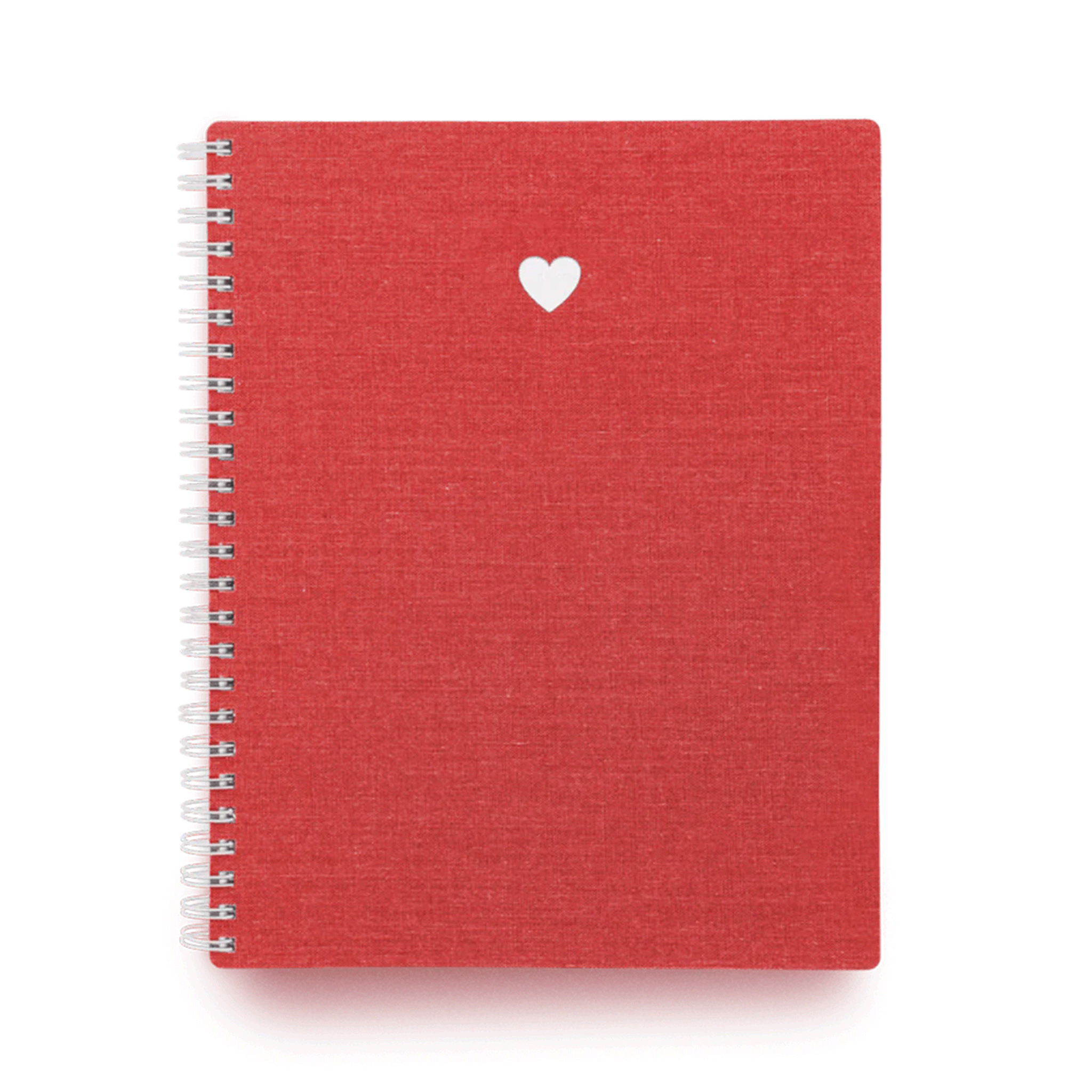On a white background is a red note book that is white spiral bound and a heart in the center of the front cover. 
