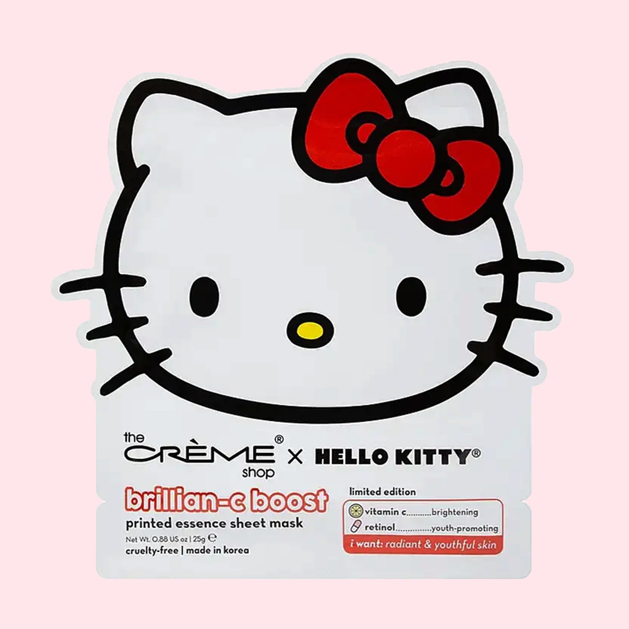 On a white background is a sheet mask with Hello Kitty graphics.