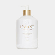 A white bottle of dish soap "L'avant Collective High Performing Dish Soap".
