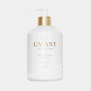 A white bottle of dish soap "L'avant Collective High Performing Dish Soap".