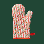 A red and cream colored oven mitt with a holiday design.