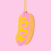 A double sides, pink hot dog shaped hot dog air freshener.