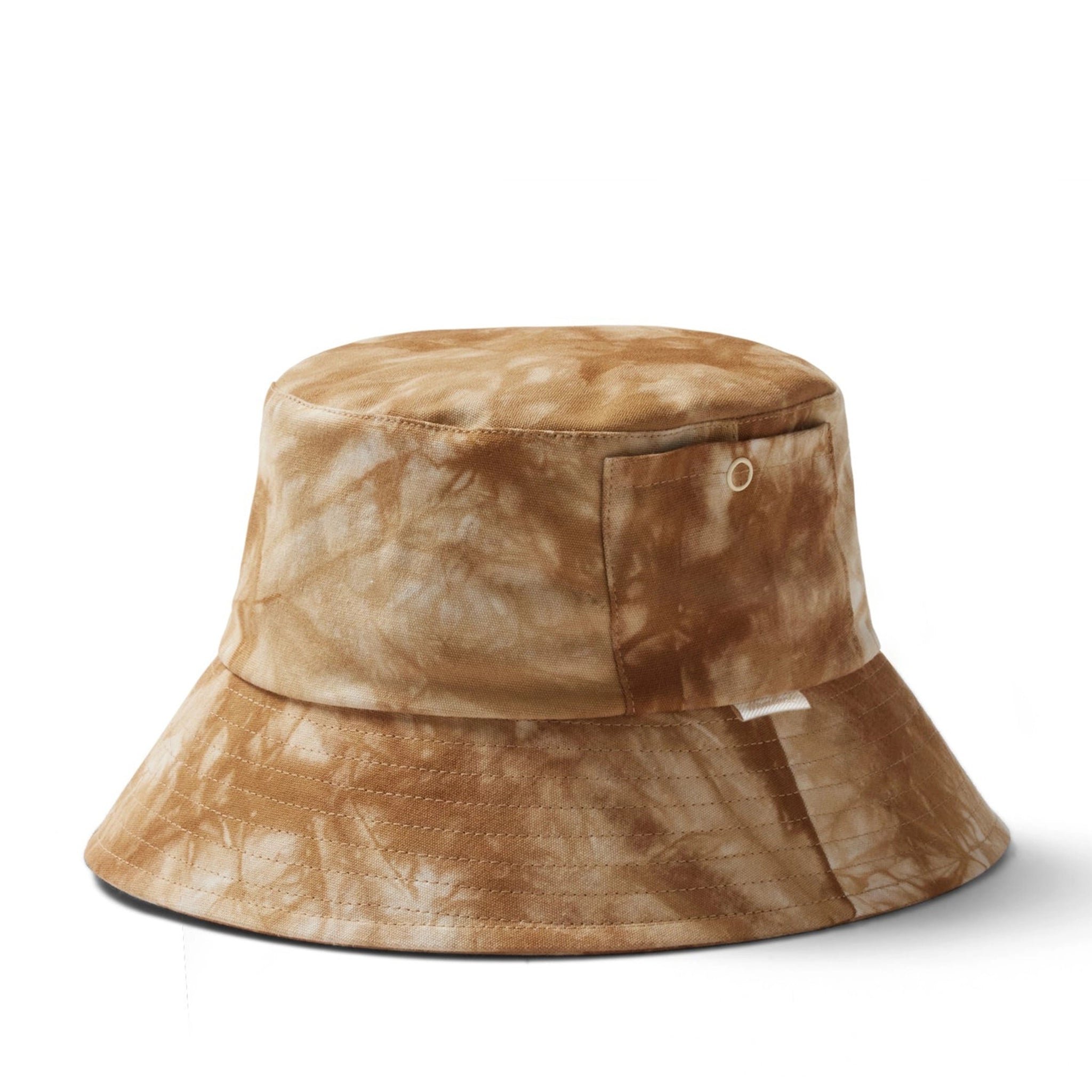 An ivory and tan tie dye bucket hat.