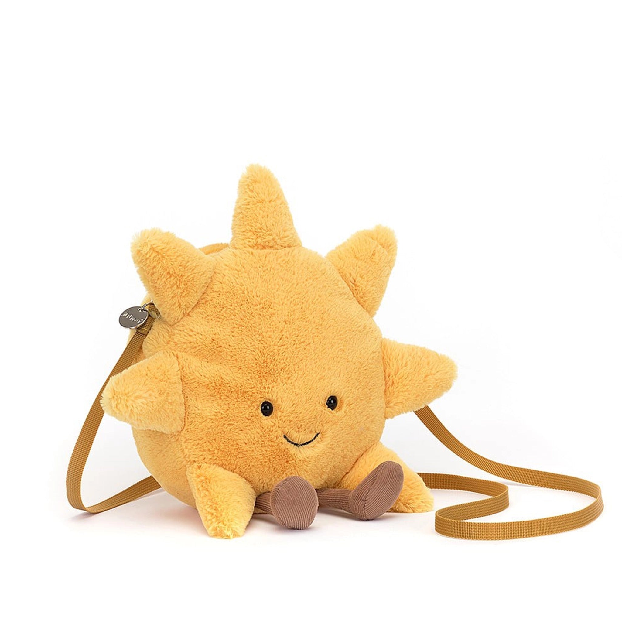 On a white background is fuzzy yellow sun bag with a brown strap and a zipper opening at the top.