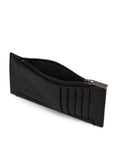 On a white background is a black wallet with a zipper and card slots on the outside.