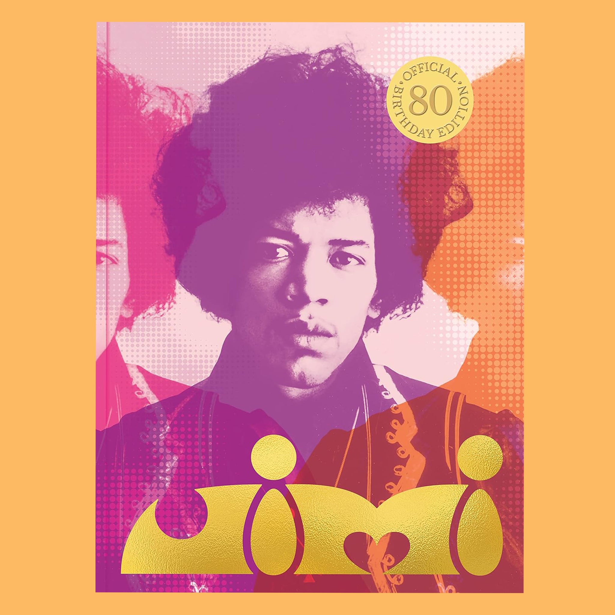 On an orange background is a purple, pink and orange book cover with a Jimi Hendrix photo and text on the bottom that reads, &quot;jimi&quot;.