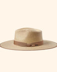 A neutral tan and natural colored rancher hat.