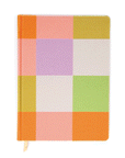 On a white background is a multi colored pastel checkered print jumbo journal.