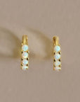 A gold pair of hoops with small opal stones on them.