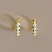 A gold pair of hoops with small opal stones on them.