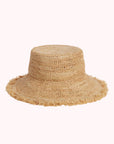 A neutral straw bucket hat for kids.
