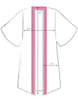 A size guide for the kimonos showing the dimensions of the width and height.