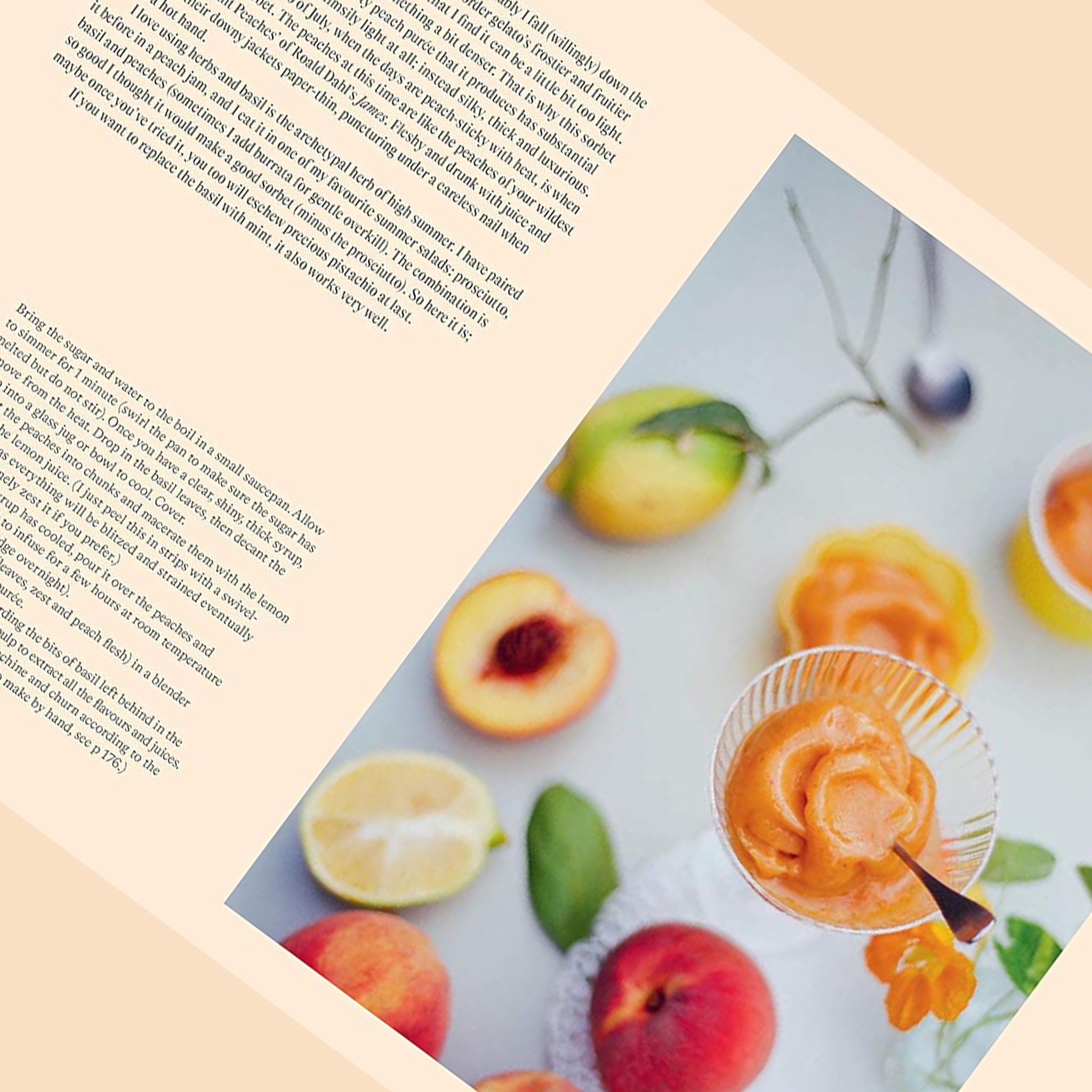 On a tan background is the book open to a page of the book with text on the left side and a colorful image of a fruit sorbet on the other. 