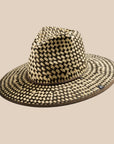 A brown and tan straw sun hat.