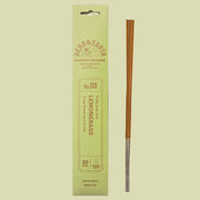 A green packaging of incense sticks that read, 'Herb & Earth Bamboo Incense Purify your soul Lemongrass Crisp Sweet-sour Exotic'.