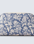 blue cosmetic pouch with white flower pattern