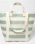 A light sage and striped cooler tote bag.