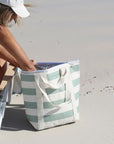 A light sage and striped cooler tote bag.