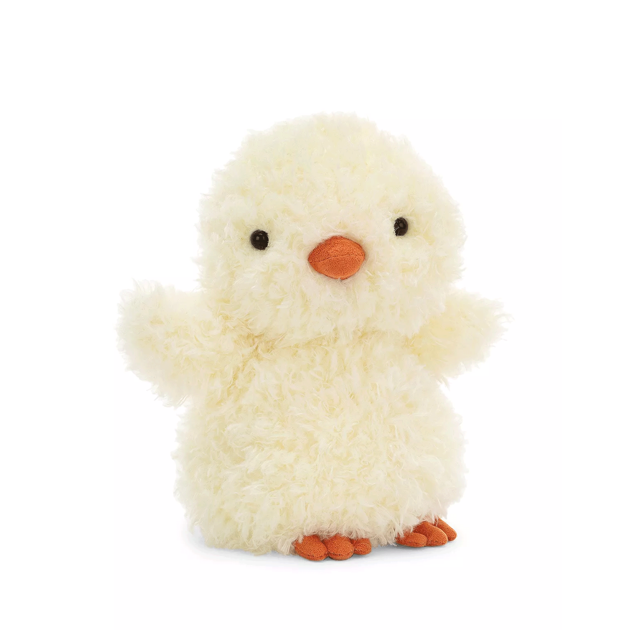 On a white background is a super light yellow fuzzy chick stuffed animal toy with an orange beak and feet. 