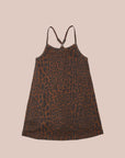 Brown and black leopard print kids dress with racer back straps.