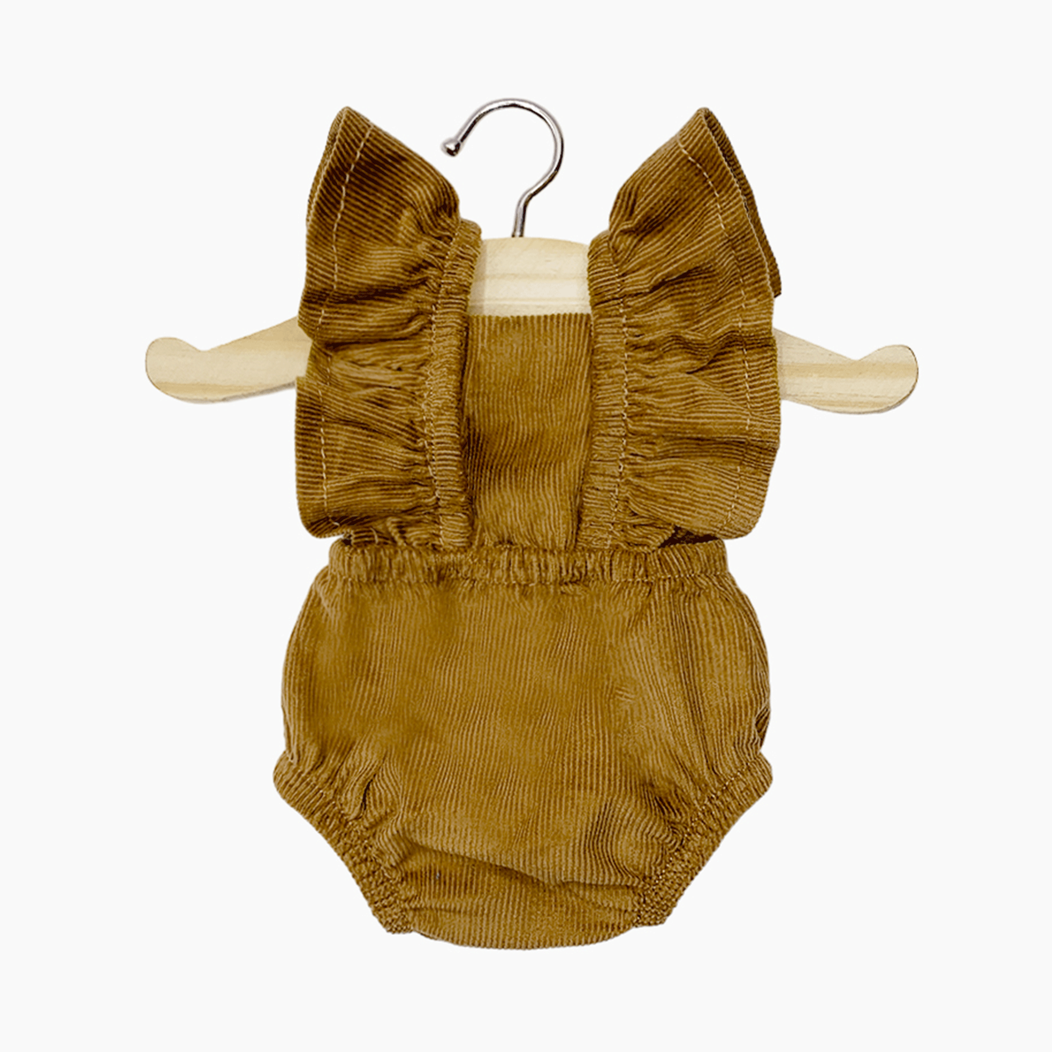 On a white background is a burnt mustard yellow toy doll romper with a corduroy texture and ruffle sleeves hanging on a hanger that is not included. 