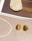 A gold seashell shaped pair of stud earrings.