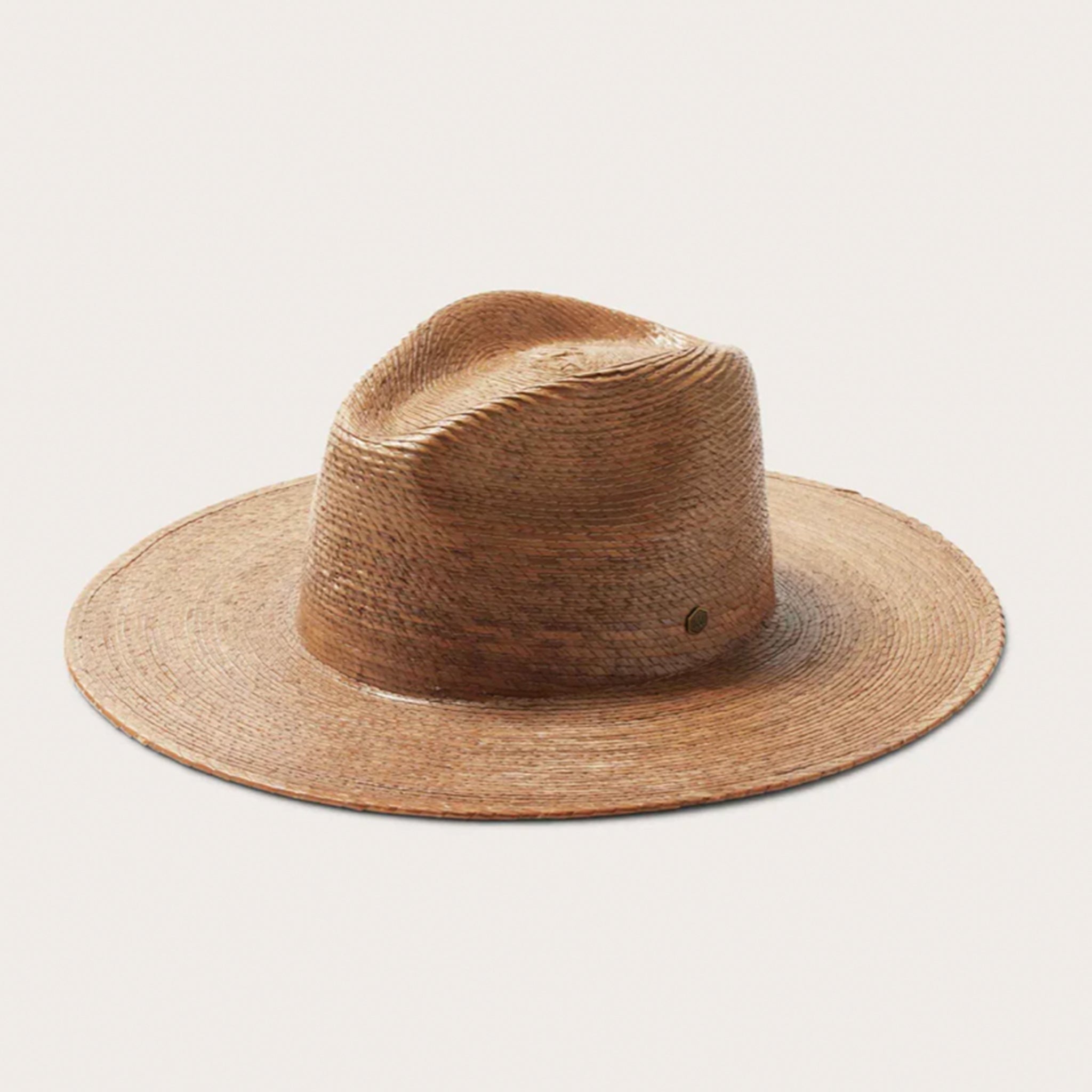 A neutral brown woven sun hat with a wide brim.