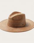 A neutral brown woven sun hat with a wide brim.