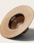 A neutral brown woven sun hat with a wide brim.