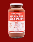 A glass jar of marinara sauce with white text that reads, 'ciao pappy Marinara Alla Pappy'.